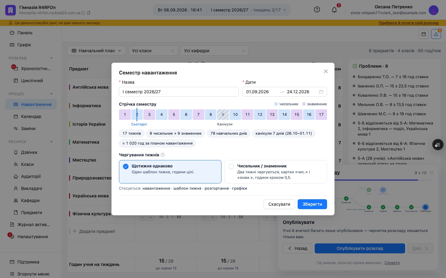 Семестр зі стрічкою тижнів і статистикою