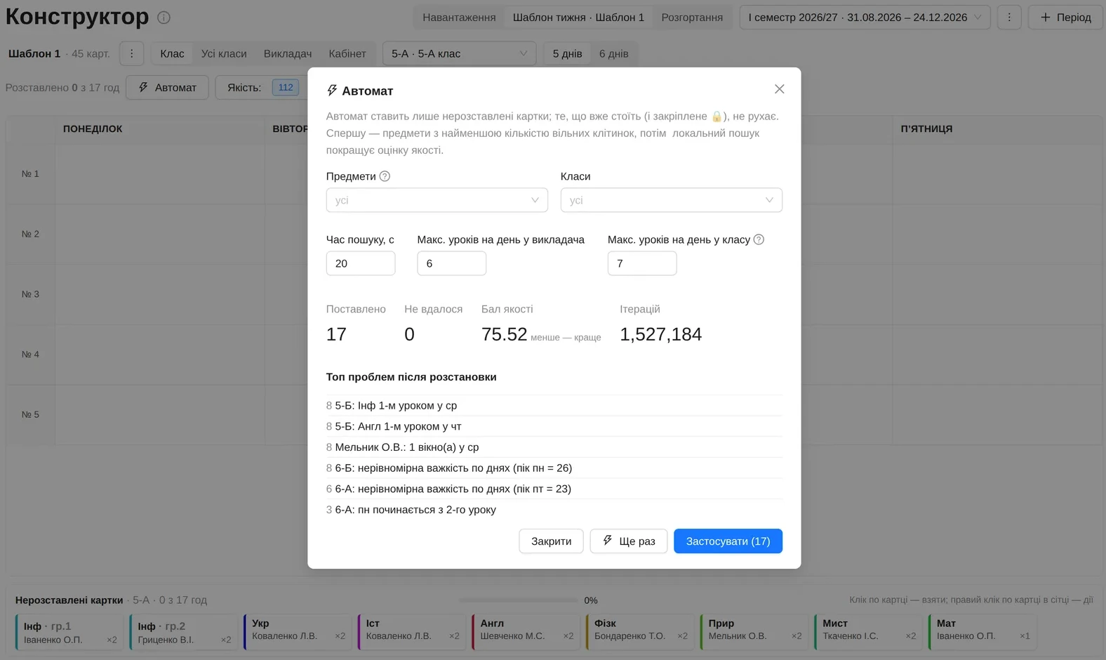 Результат роботи «Автомата»: скільки розставлено, бал якості, перелік проблем