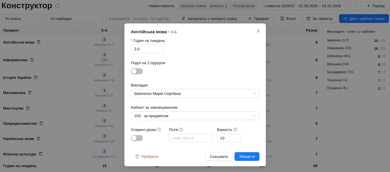 Міні-форма клітинки навантаження: години, викладач, кабінет, поділ на підгрупи
