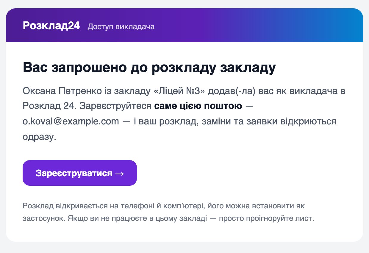 Лист Вас запрошено до розкладу закладу: хто додав, зареєструйтеся саме цією поштою, кнопка Зареєструватися
