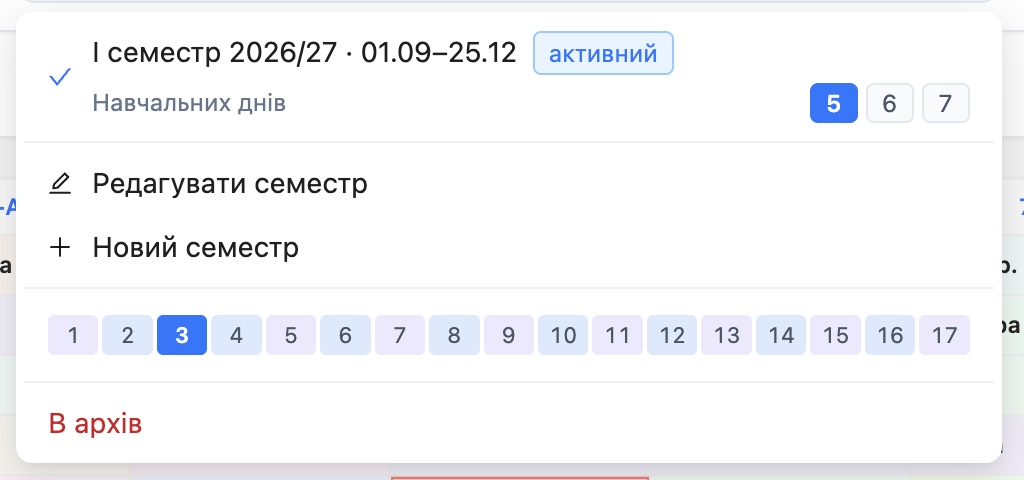Кількість навчальних днів у пункті семестру