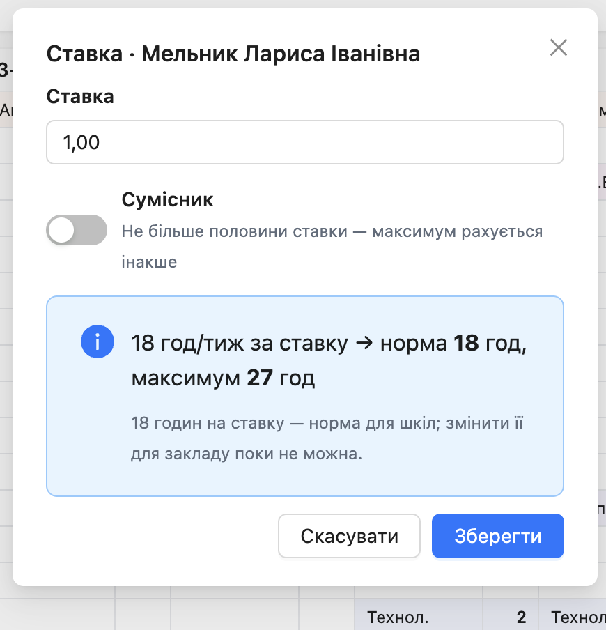 Вікно ставки викладача