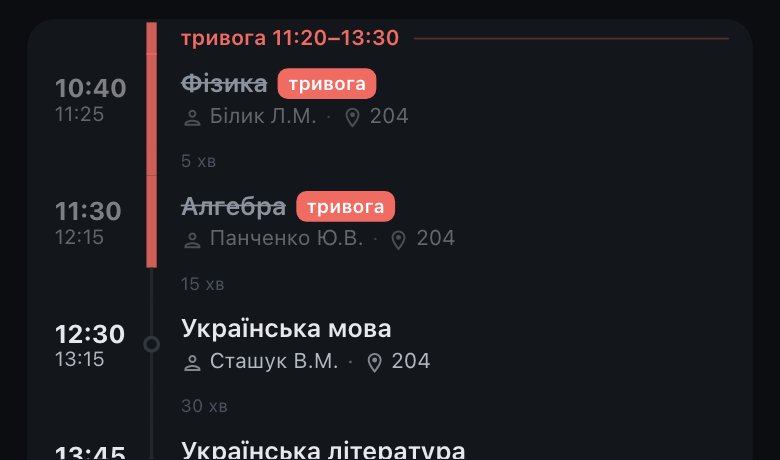 Стрічка дня на телефоні: тривога 11:20–13:30, Фізика й Алгебра закреслені з міткою тривога