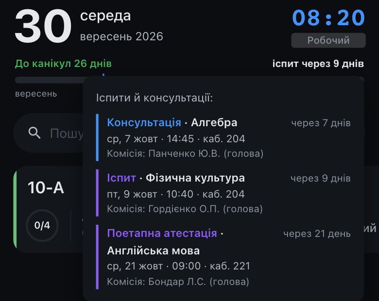 Телефон: відкритий список Іспити й консультації — консультація, іспит і поетапна атестація з датою, кабінетом і комісією