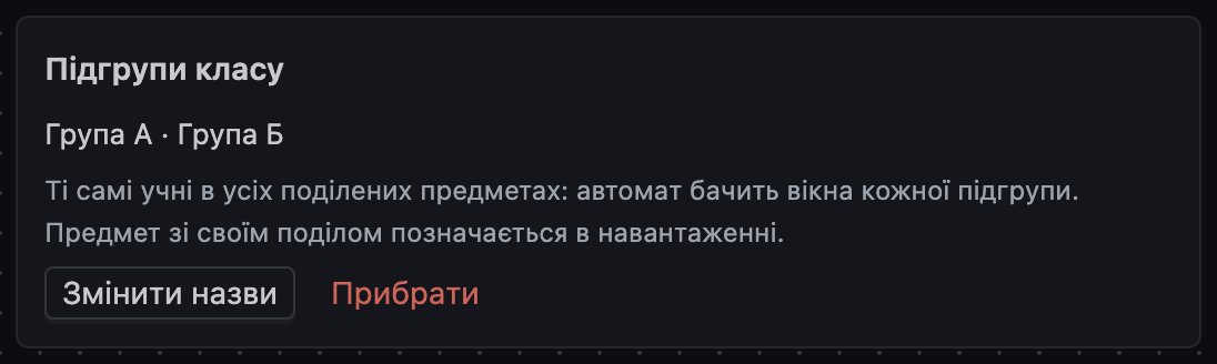 Картка «Підгрупи класу» на сторінці класу: «Група А · Група Б»