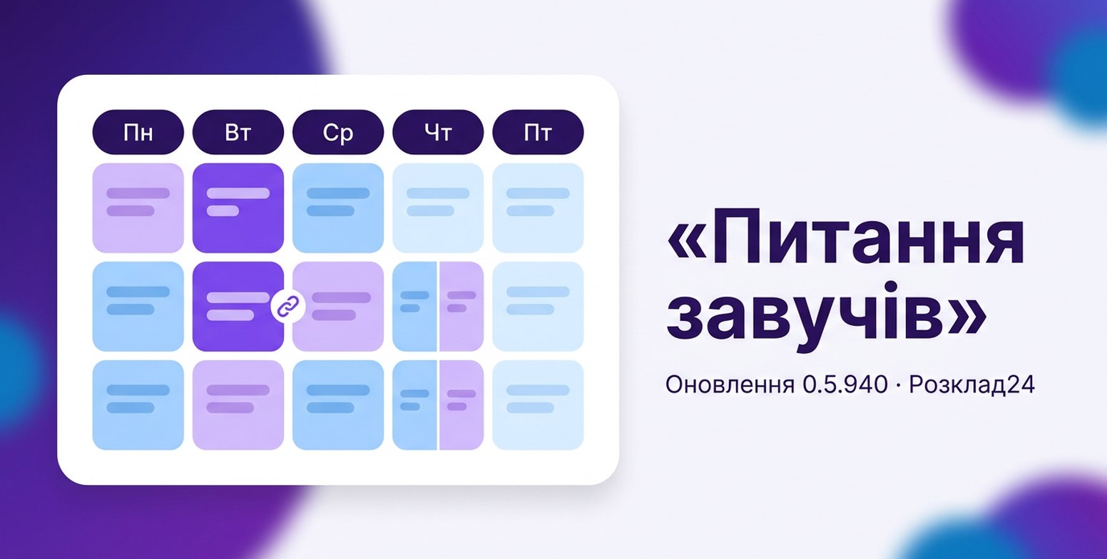 Тижнева сітка розкладу, де частина клітинок поділена на дві підгрупи, а дві сусідні зʼєднані ланкою, і напис «Питання завучів»