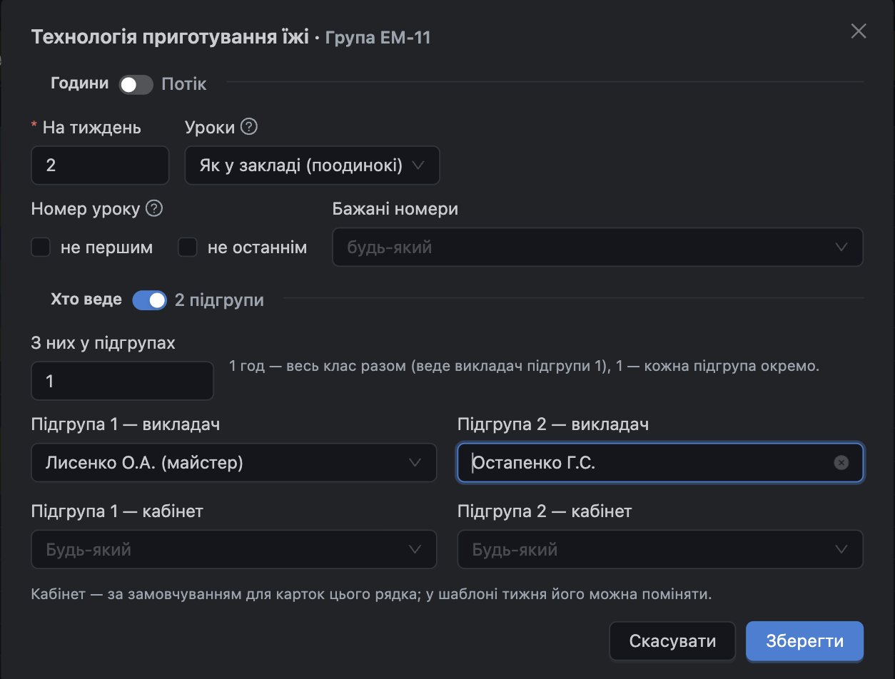 Клітинка навантаження: 2 години на тиждень, «З них у підгрупах» 1, викладачі двох підгруп