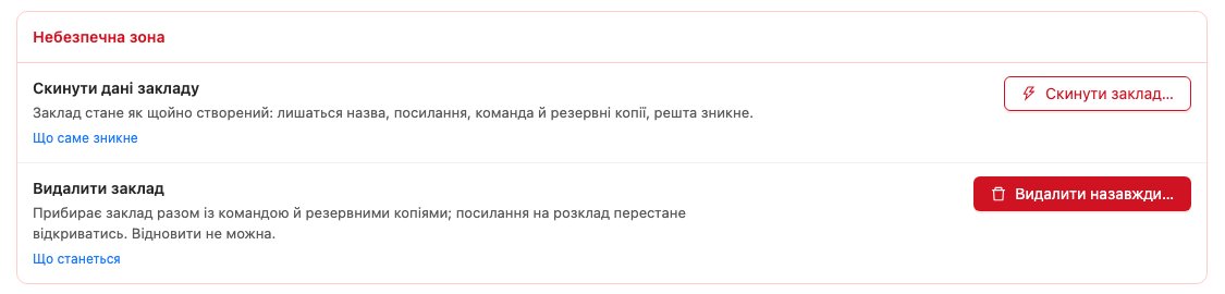 «Небезпечна зона»: «Скинути дані закладу» — лишаться назва, посилання, команда й резервні копії