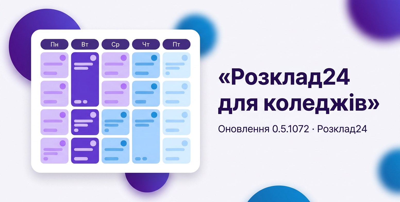 Тижнева сітка розкладу Пн–Пт, де частина карток подвійна — пари, а кружечки двох кольорів позначають два корпуси, і напис «Розклад24 для коледжів»