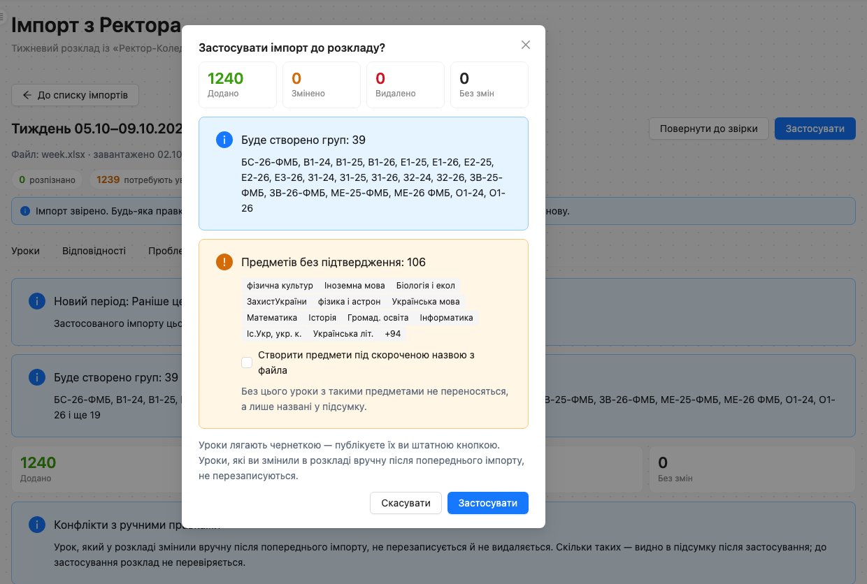 Вікно «Застосувати імпорт до розкладу?»: Додано 1240, Змінено 0, Видалено 0, Без змін 0; групи, що будуть створені, і предмети без підтвердження