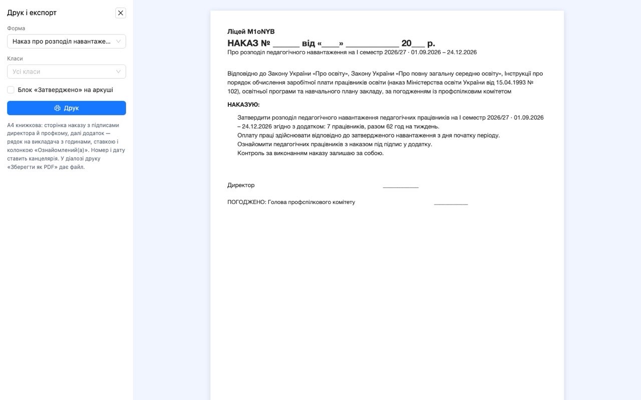 Наказ про розподіл педагогічного навантаження з додатком