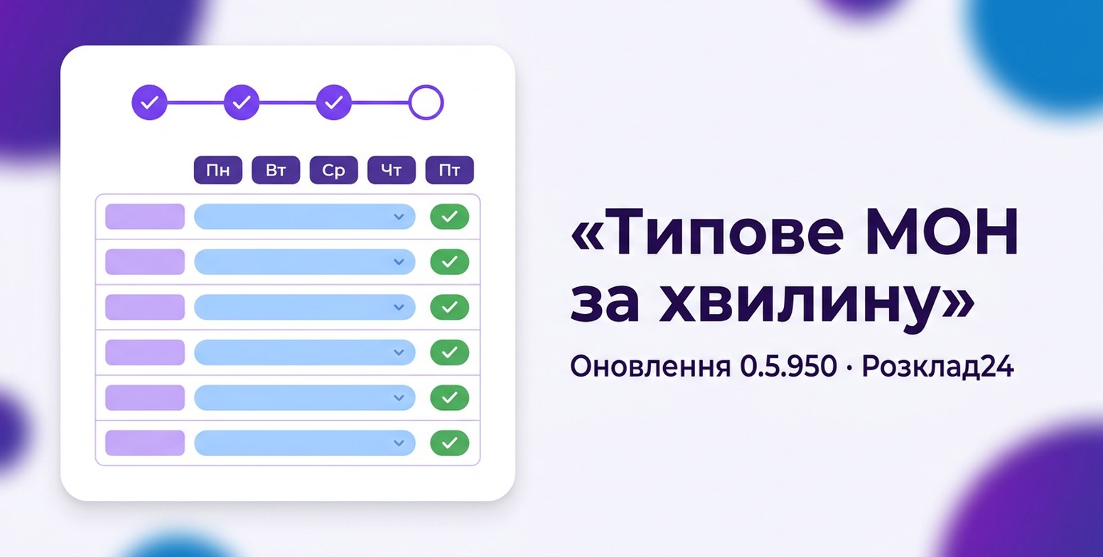 Вікно з кроками й таблицею предметів із галочками та напис «Типове МОН за хвилину»