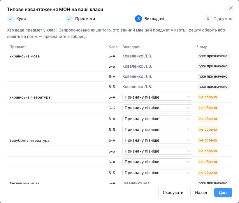 Крок 3 «Викладачі»: таблиця предмет, клас, викладач, чому